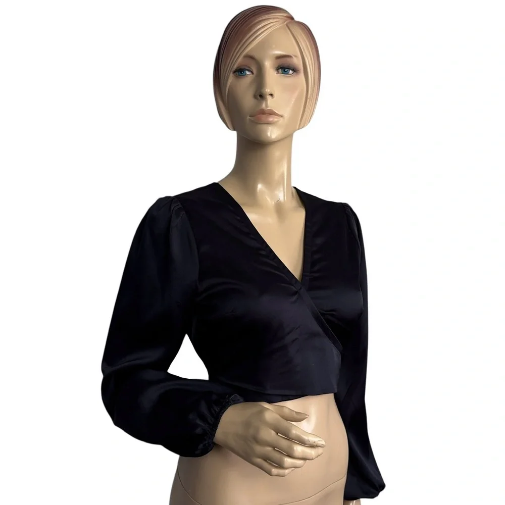 Abercrombie & Fitch Black Satin Wrap Tie Back Puff Sleeve Crop Top Size Small